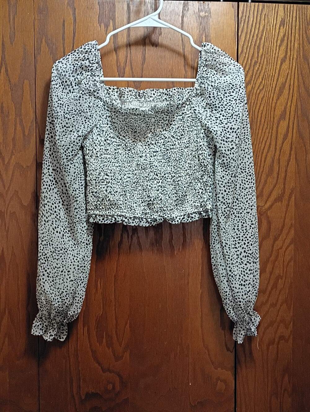 Japna smocked Long-Sleeve Crop Top in White with Black Spot Print